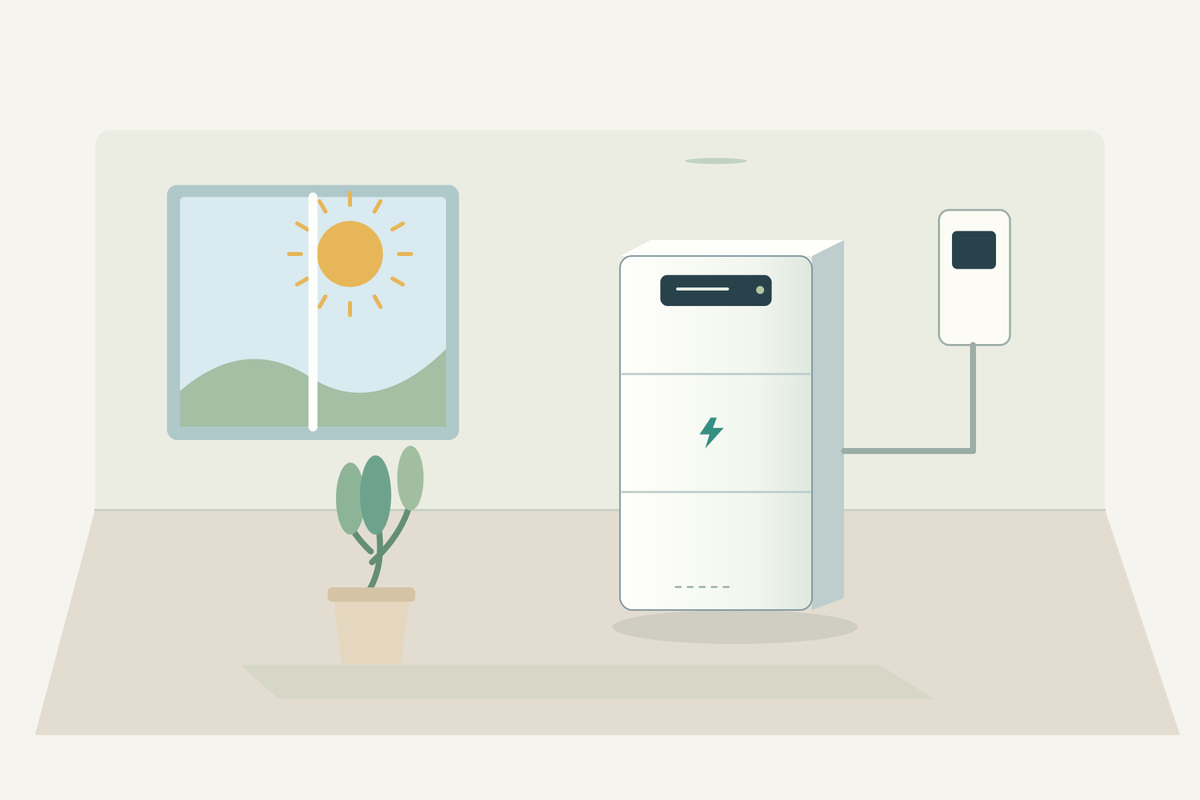 Schematische thuisbatterij met drie secties in een lichte technische ruimte, naast een meetunit.