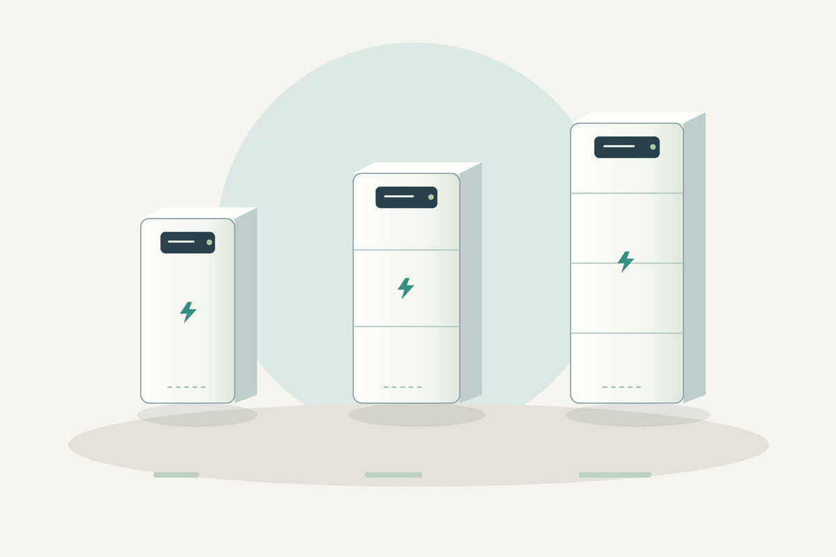 Drie schematische batterijopstellingen met verschillende aantallen modules en formaten.