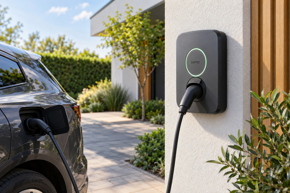 Elektrische auto op een oprit, aangesloten op een compacte laadunit aan de gevel.