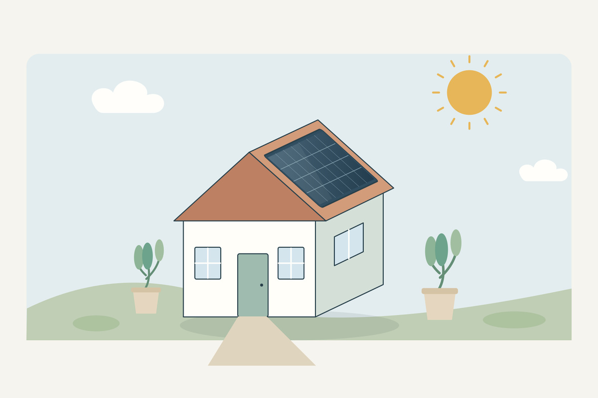 Getekende woning met zonnepanelen op het schuine dak en groen rondom de woning.