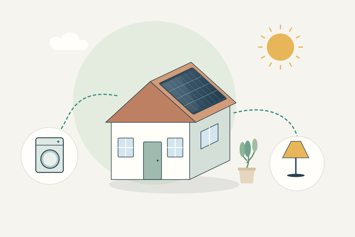Woning met zonnepanelen, met afzonderlijke illustraties van een wasmachine en een lamp.
